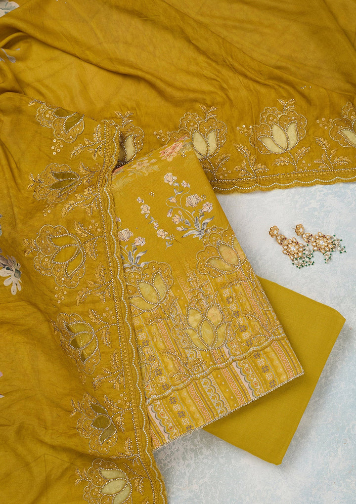 Yellow Stonework (Gold) Crepe Unstitched Salwar Suit_koskii