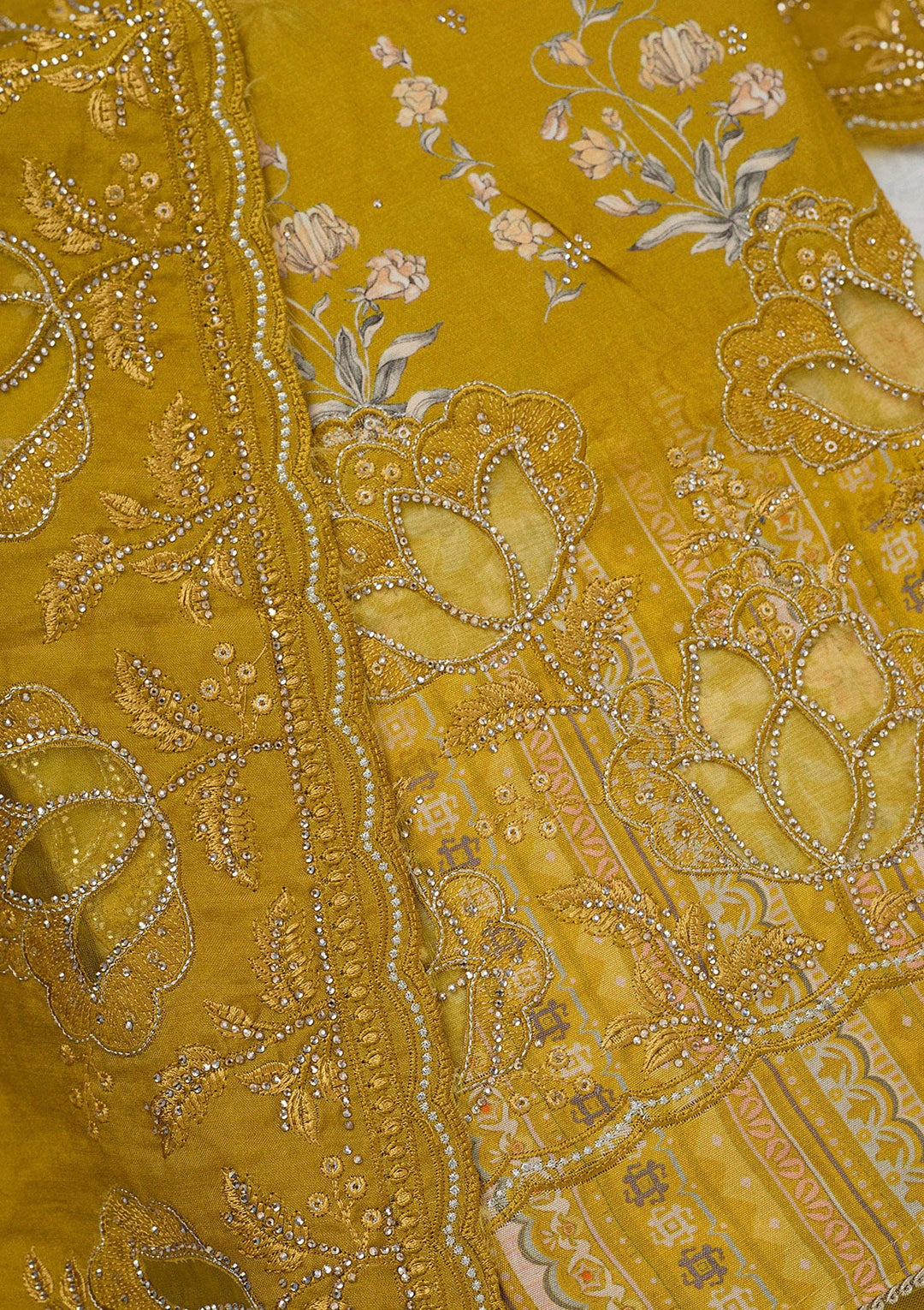 Yellow Stonework (Gold) Crepe Unstitched Salwar Suit_koskii