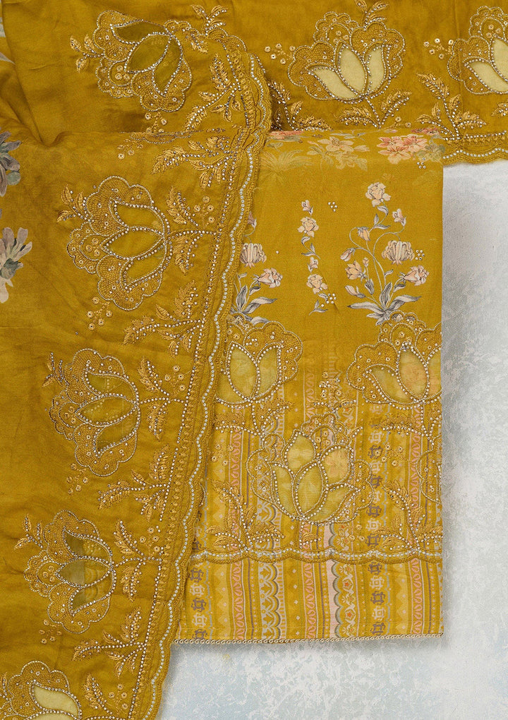 Yellow Stonework (Gold) Crepe Unstitched Salwar Suit_koskii