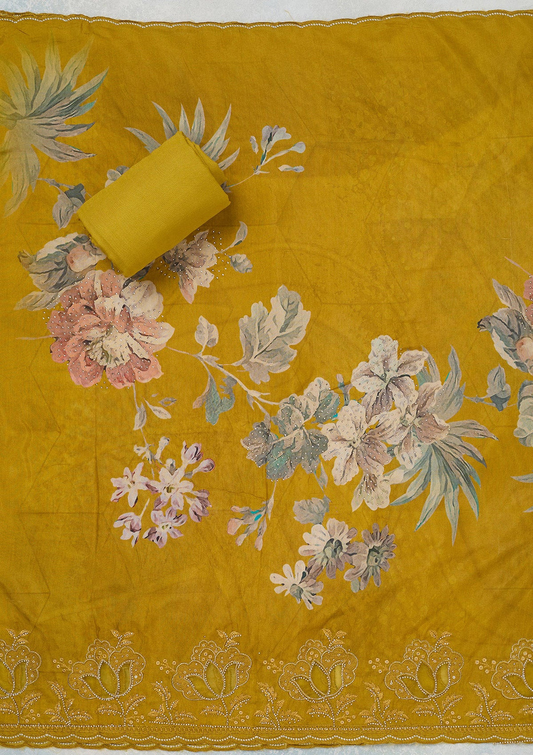 Yellow Stonework (Gold) Crepe Unstitched Salwar Suit_koskii