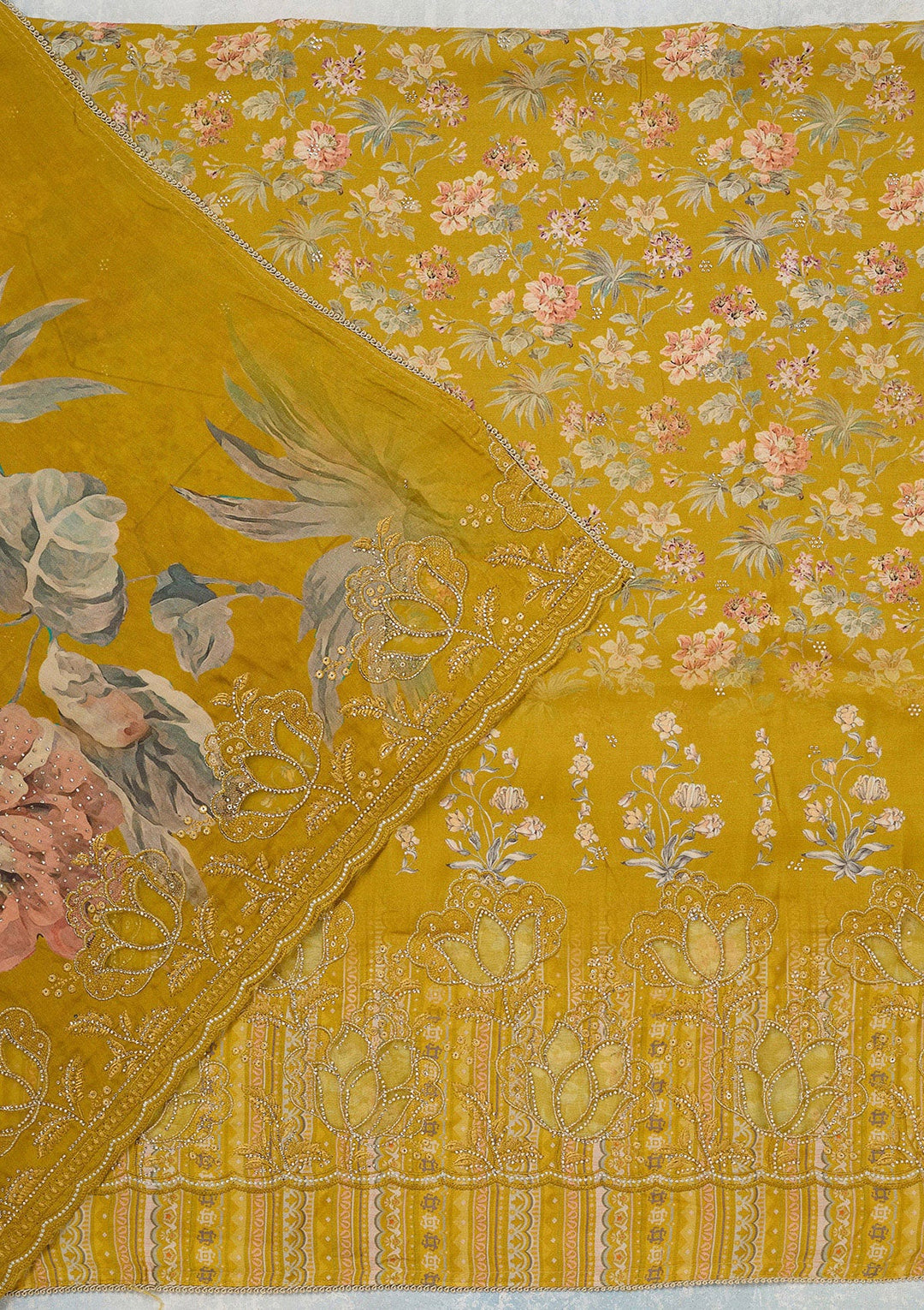 Yellow Stonework (Gold) Crepe Unstitched Salwar Suit_koskii