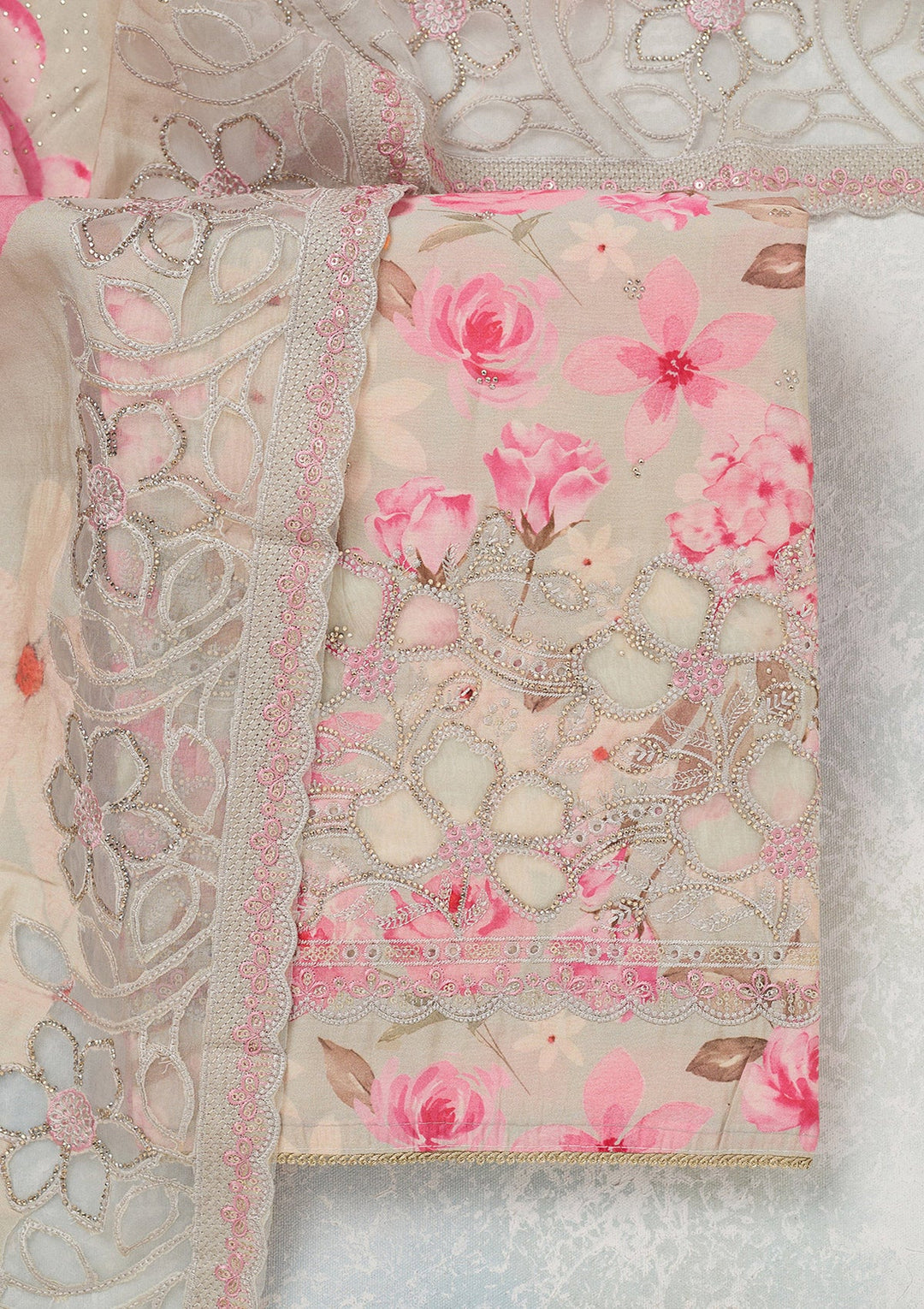 Grey Stonework (Gold) Crepe Unstitched Salwar Suit_koskii