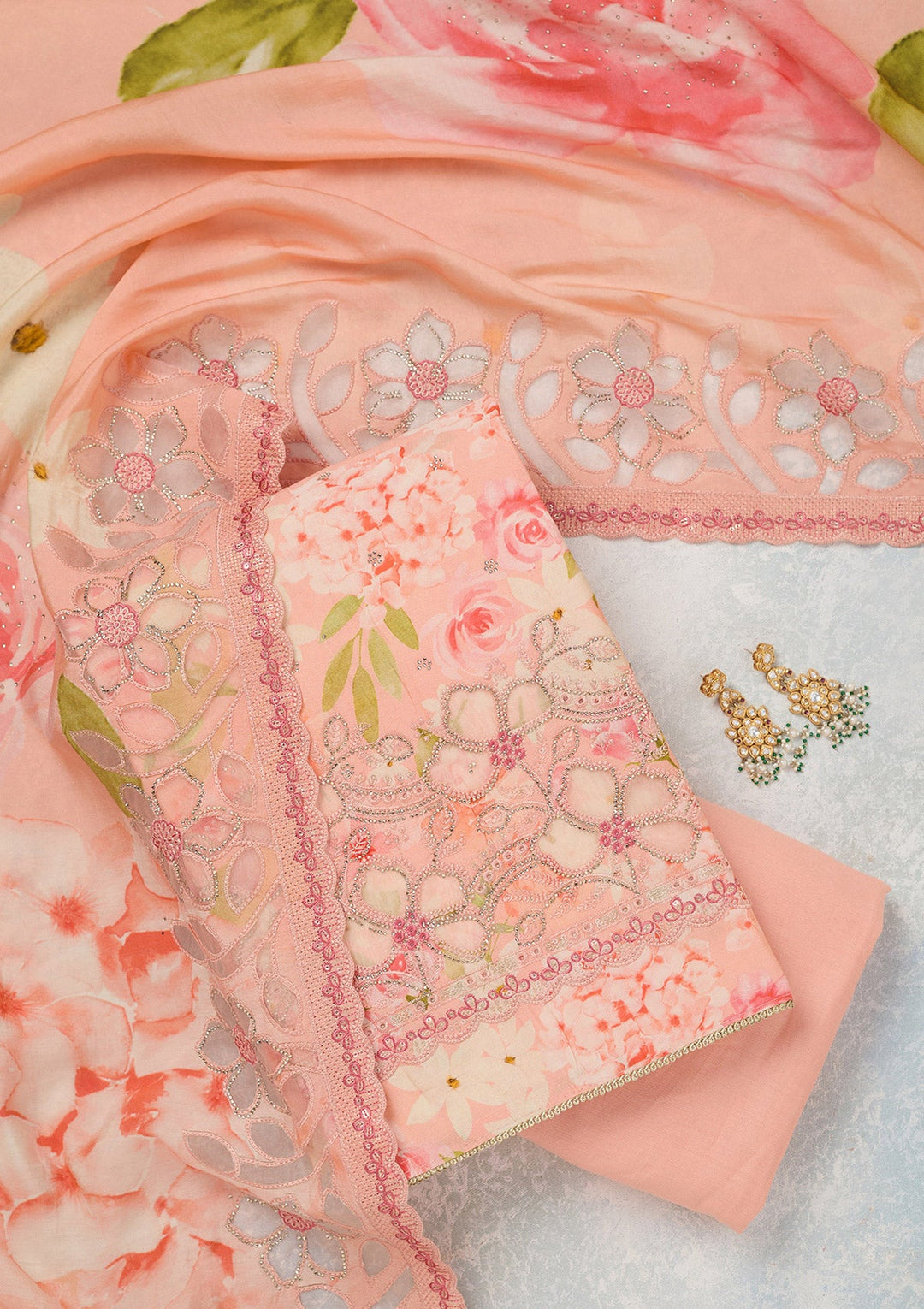 Peach Stonework (Gold) Crepe Unstitched Salwar Suit_koskii