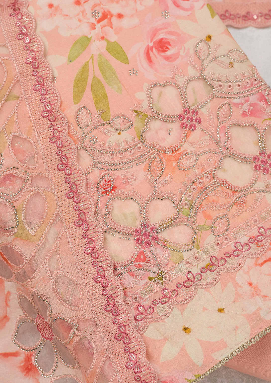 Peach Stonework (Gold) Crepe Unstitched Salwar Suit_koskii