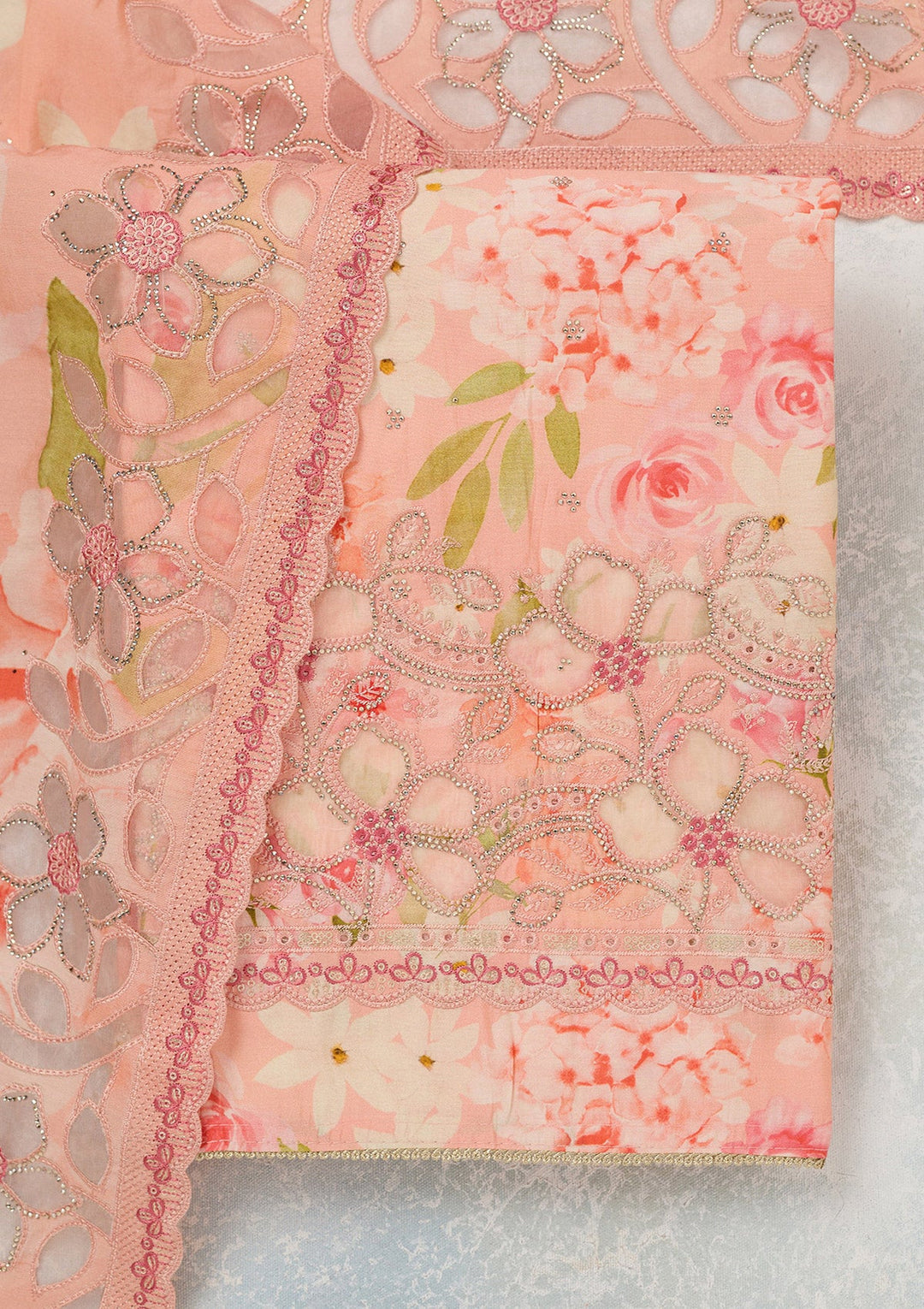 Peach Stonework (Gold) Crepe Unstitched Salwar Suit_koskii