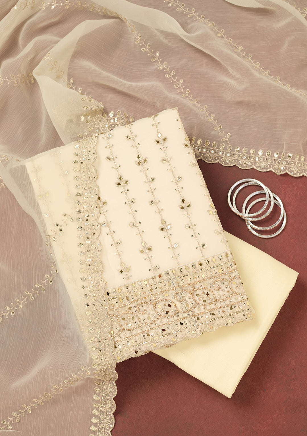 Cream Zariwork (Gold) Chinon Unstitched Salwar Suit-Koskii