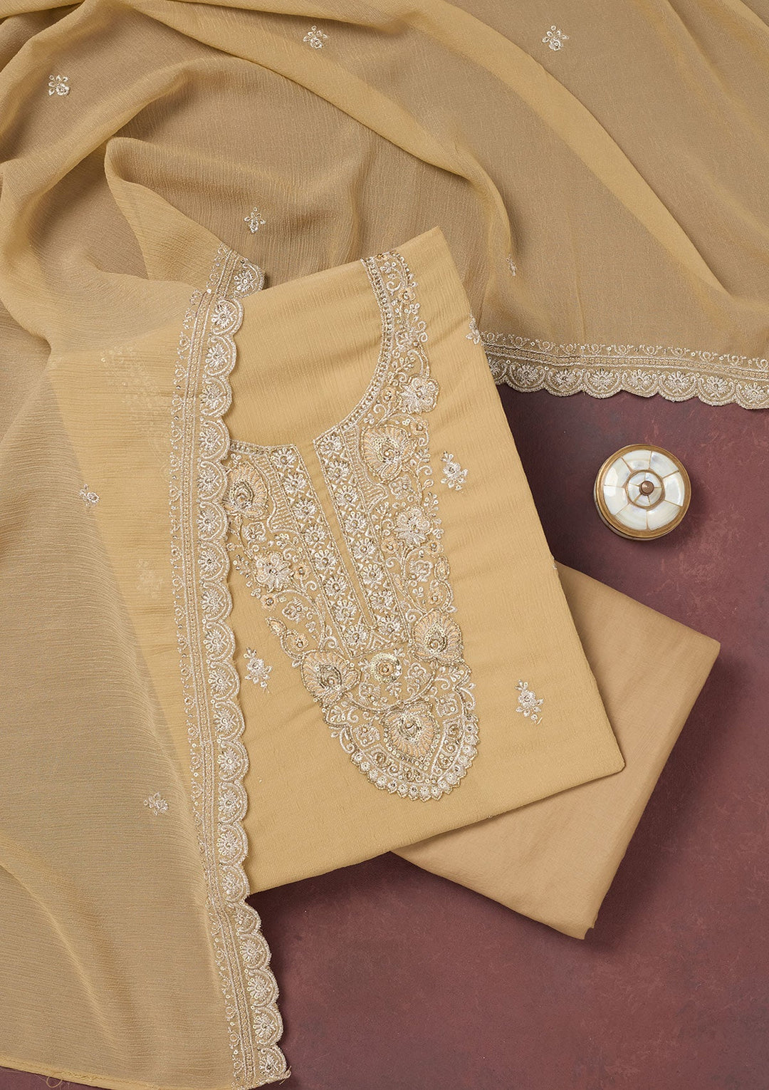 Beige Zariwork (Gold) Chinon Unstitched Salwar Suit-Koskii