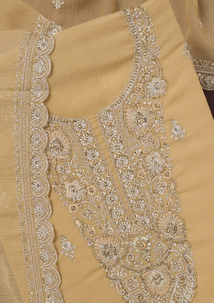 Beige Zariwork (Gold) Chinon Unstitched Salwar Suit-Koskii