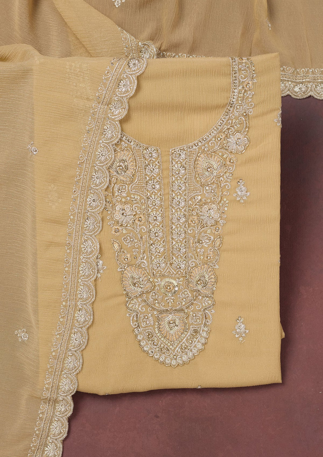 Beige Zariwork (Gold) Chinon Unstitched Salwar Suit-Koskii