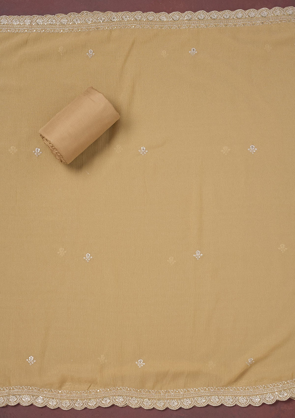 Beige Zariwork (Gold) Chinon Unstitched Salwar Suit-Koskii