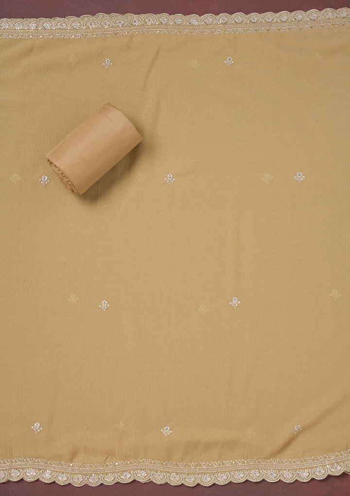 Beige Zariwork (Gold) Chinon Unstitched Salwar Suit-Koskii