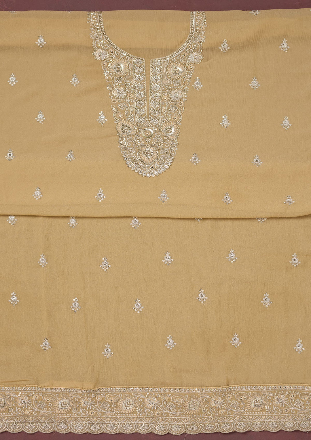 Beige Zariwork (Gold) Chinon Unstitched Salwar Suit-Koskii