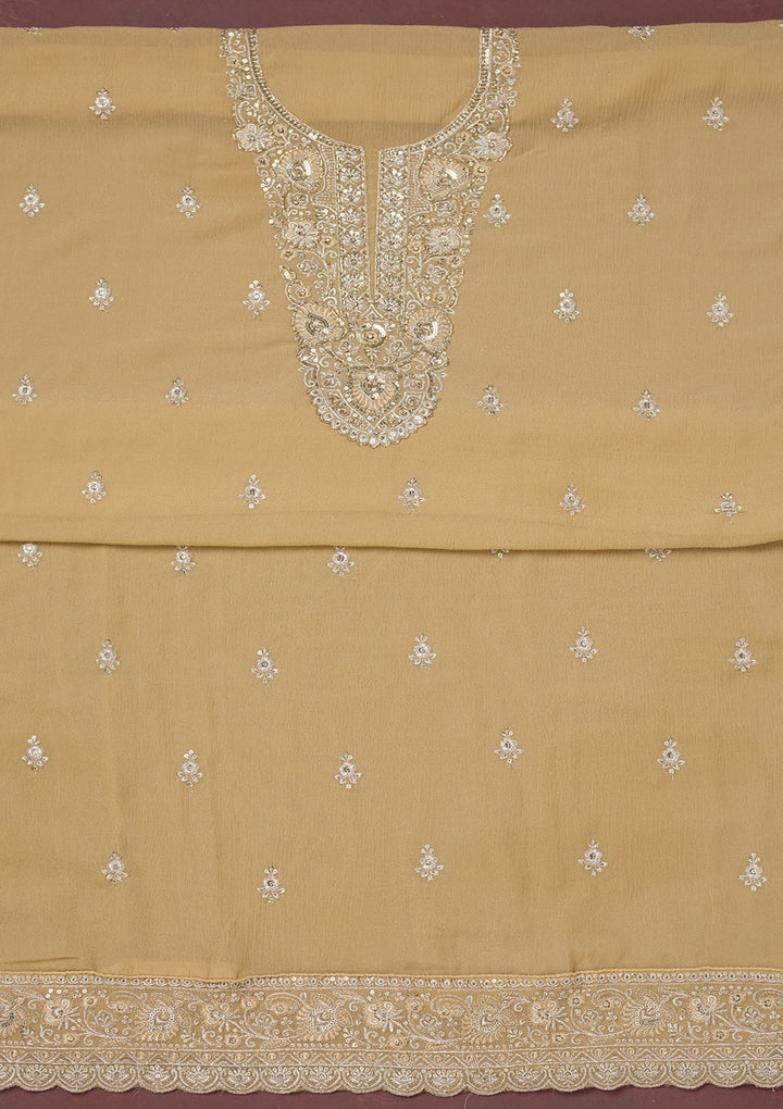 Beige Zariwork (Gold) Chinon Unstitched Salwar Suit-Koskii