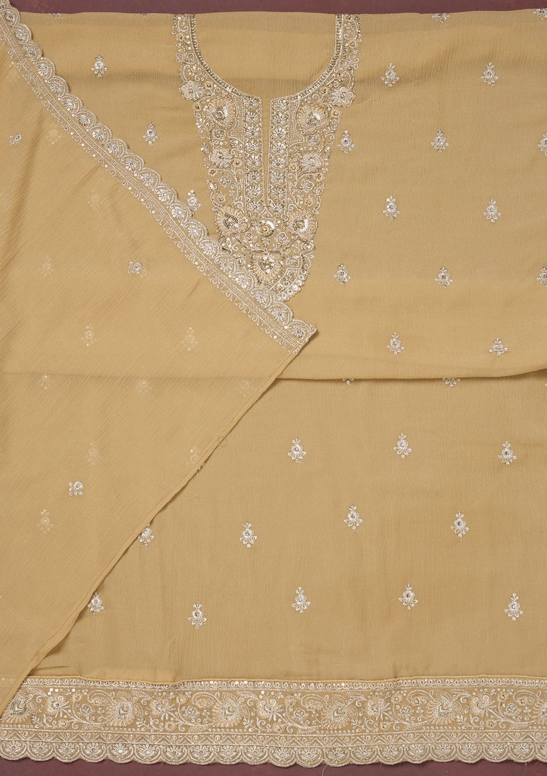 Beige Zariwork (Gold) Chinon Unstitched Salwar Suit-Koskii