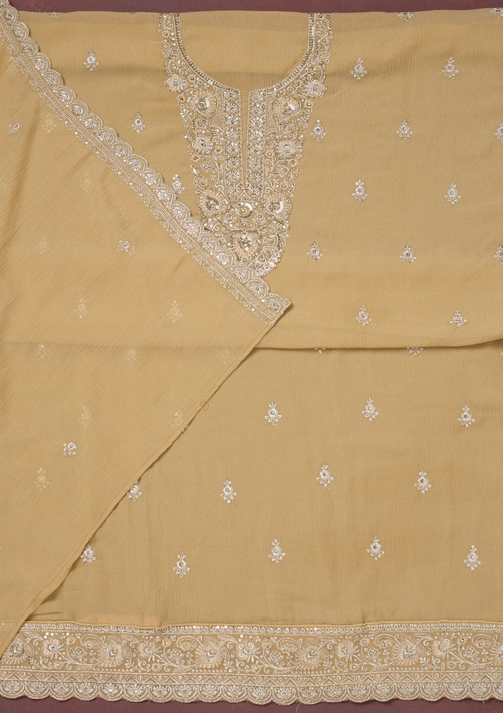 Beige Zariwork (Gold) Chinon Unstitched Salwar Suit-Koskii