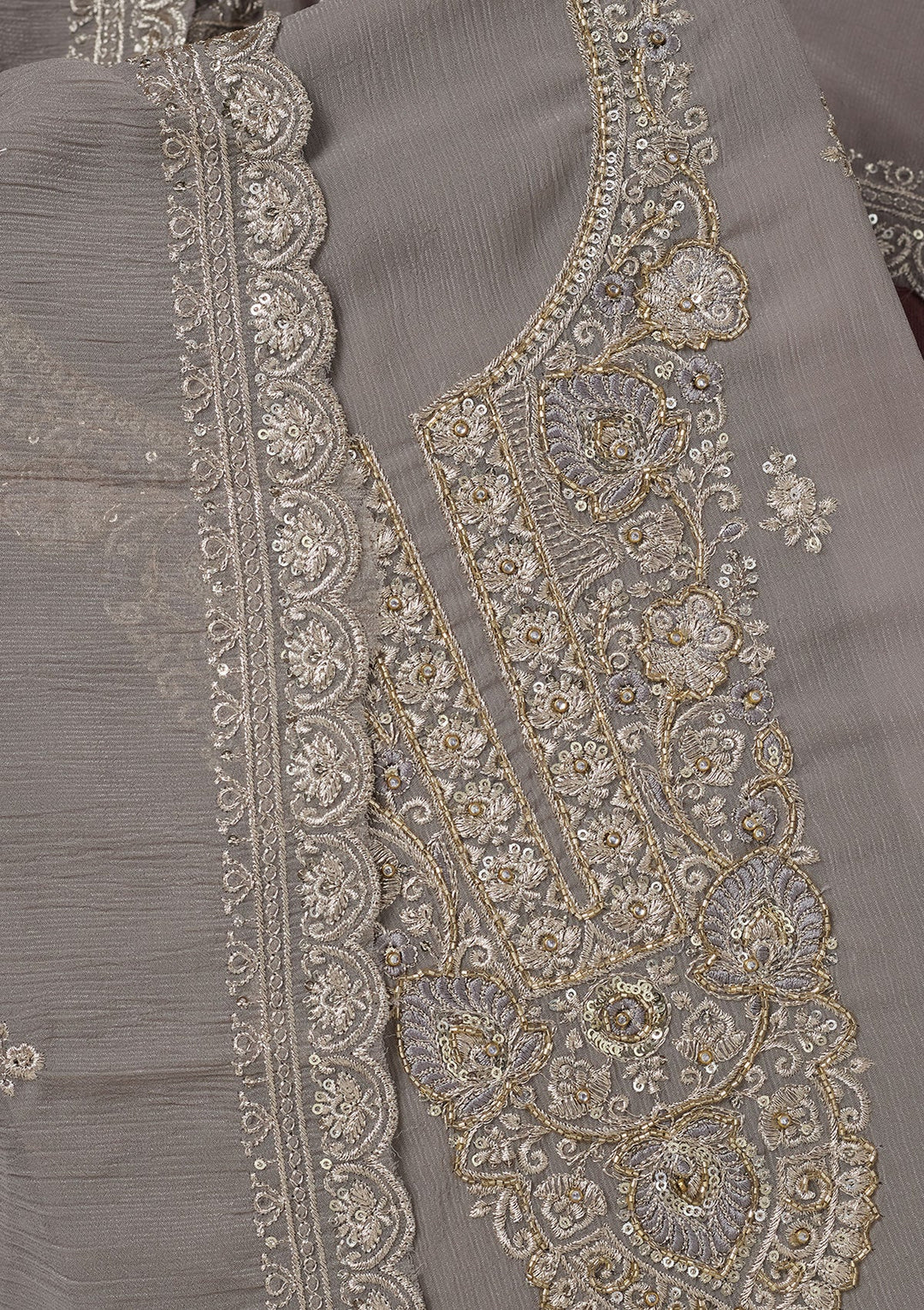 Grey Zariwork (Gold) Chinon Unstitched Salwar Suit-Koskii