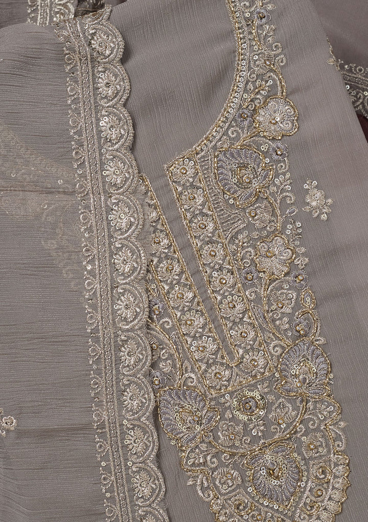 Grey Zariwork (Gold) Chinon Unstitched Salwar Suit-Koskii