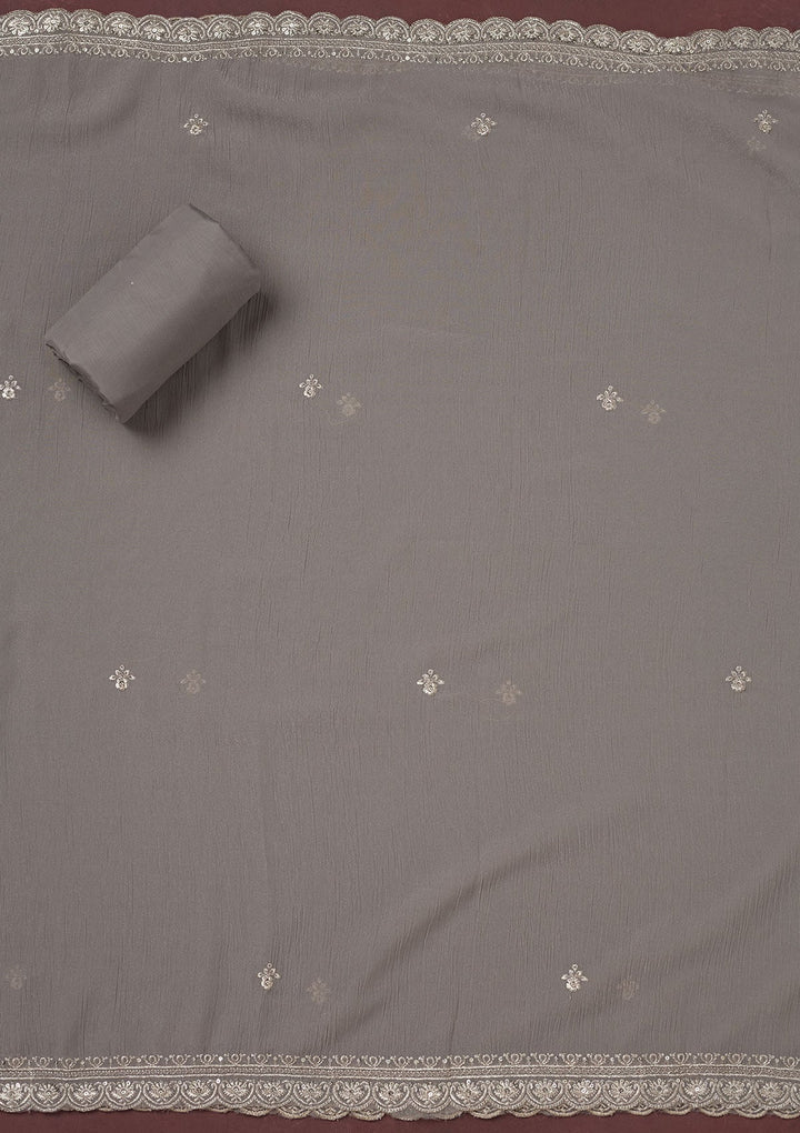 Grey Zariwork (Gold) Chinon Unstitched Salwar Suit-Koskii