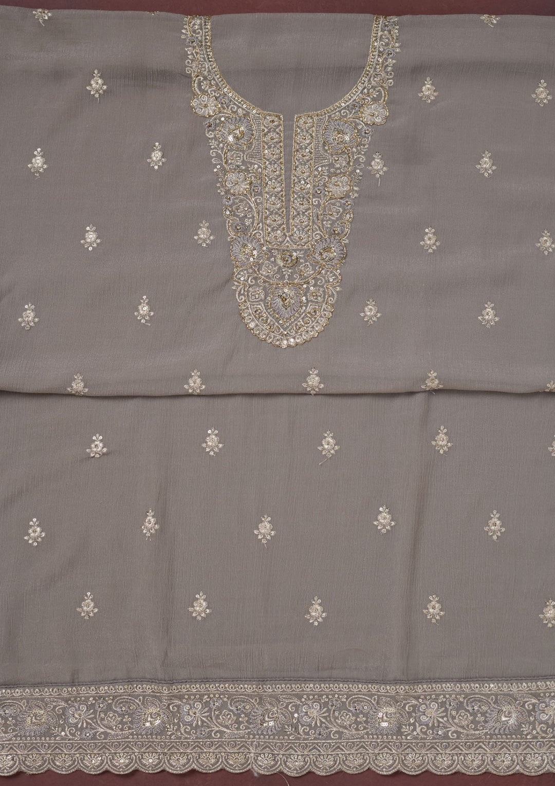 Grey Zariwork (Gold) Chinon Unstitched Salwar Suit-Koskii