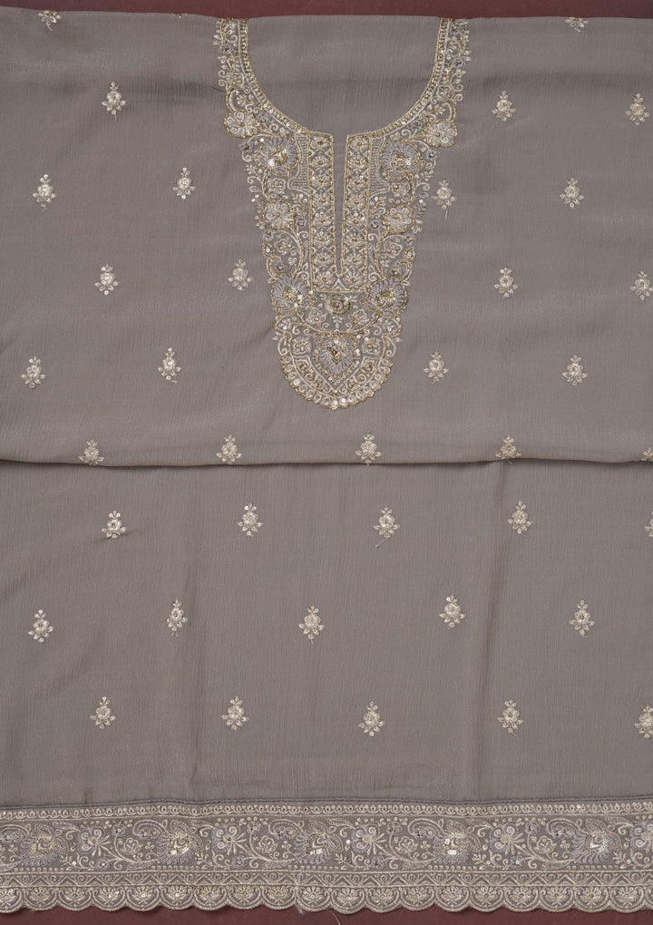 Grey Zariwork (Gold) Chinon Unstitched Salwar Suit-Koskii
