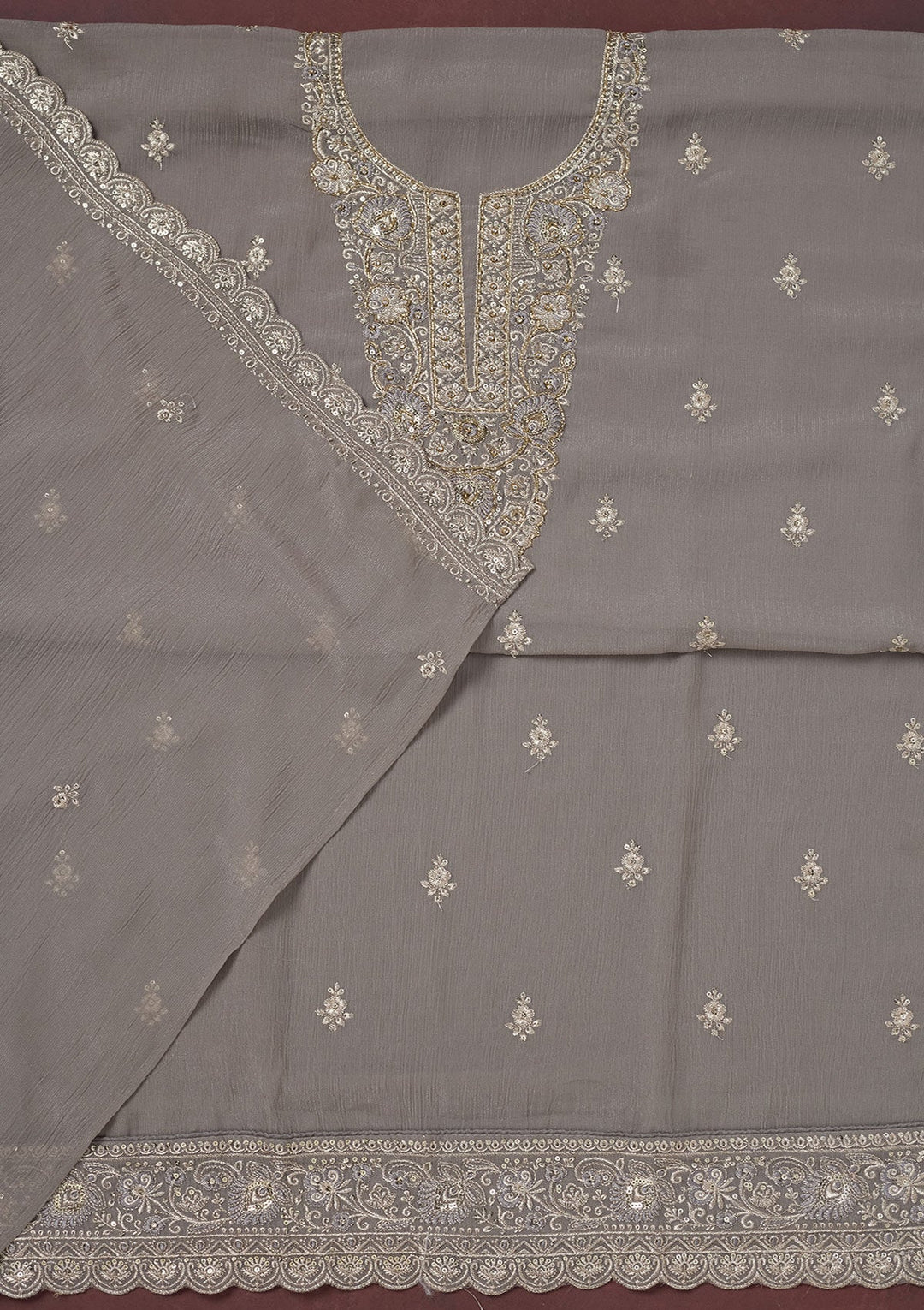 Grey Zariwork (Gold) Chinon Unstitched Salwar Suit-Koskii