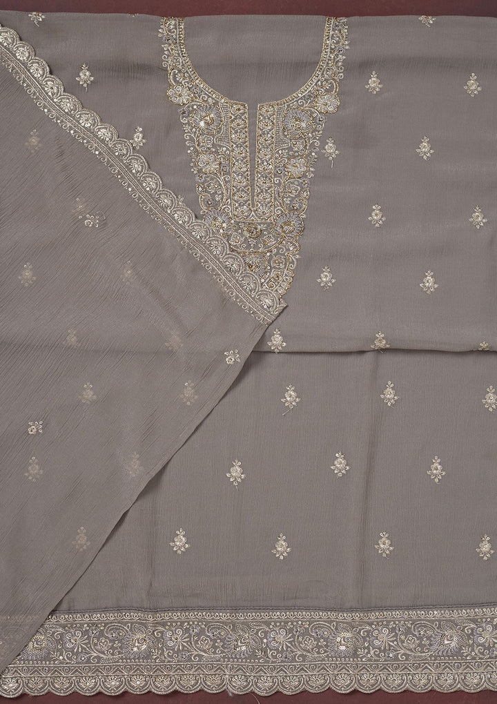 Grey Zariwork (Gold) Chinon Unstitched Salwar Suit-Koskii