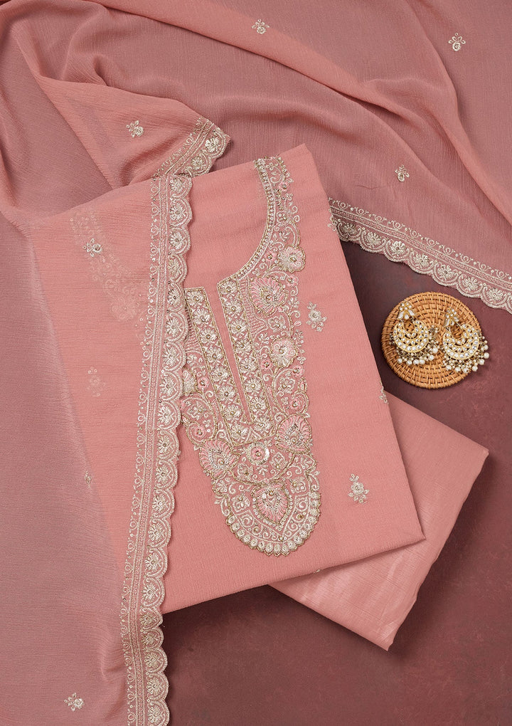 Onion Pink Zariwork (Gold) Chinon Unstitched Salwar Suit-Koskii