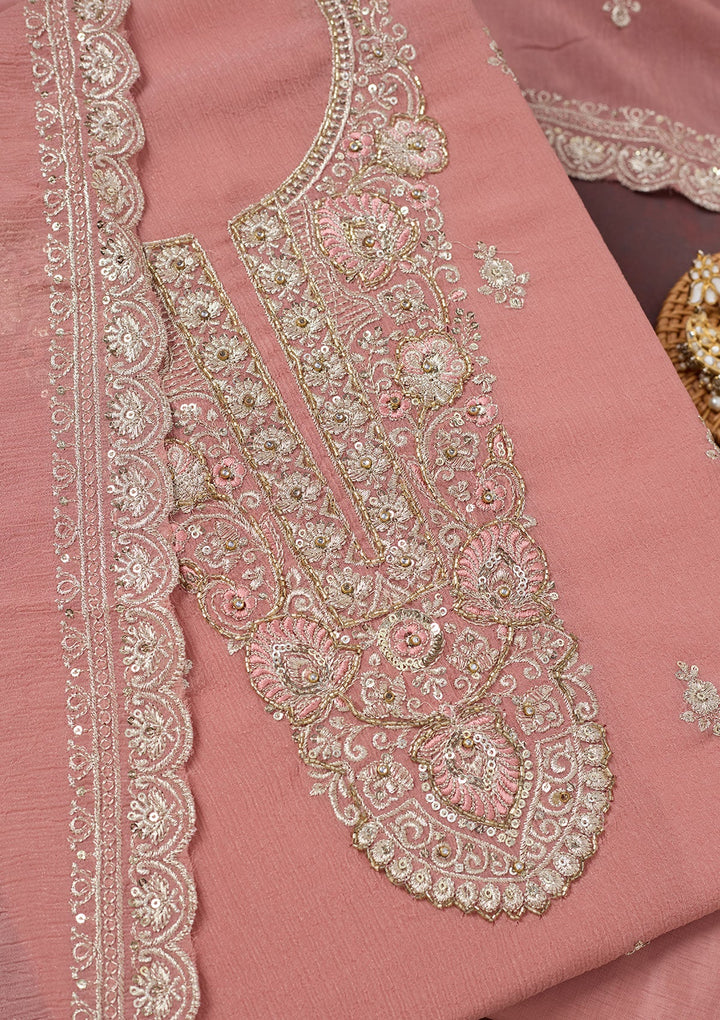 Onion Pink Zariwork (Gold) Chinon Unstitched Salwar Suit-Koskii