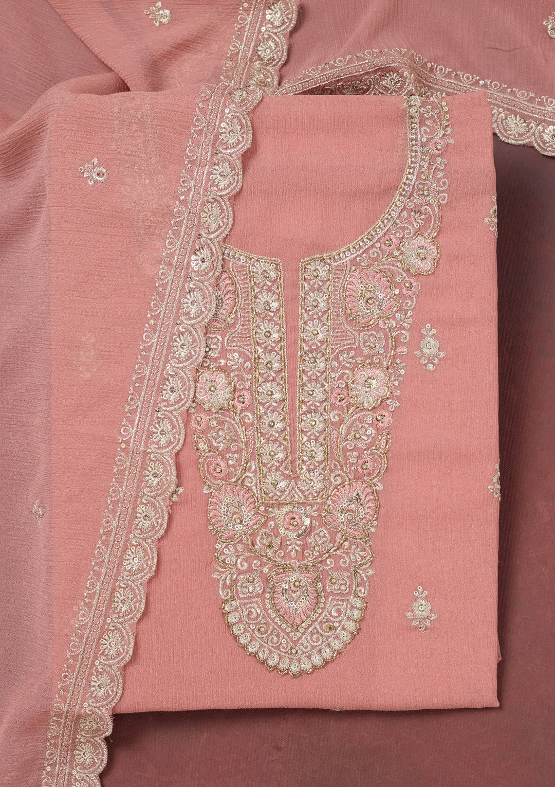 Onion Pink Zariwork (Gold) Chinon Unstitched Salwar Suit-Koskii