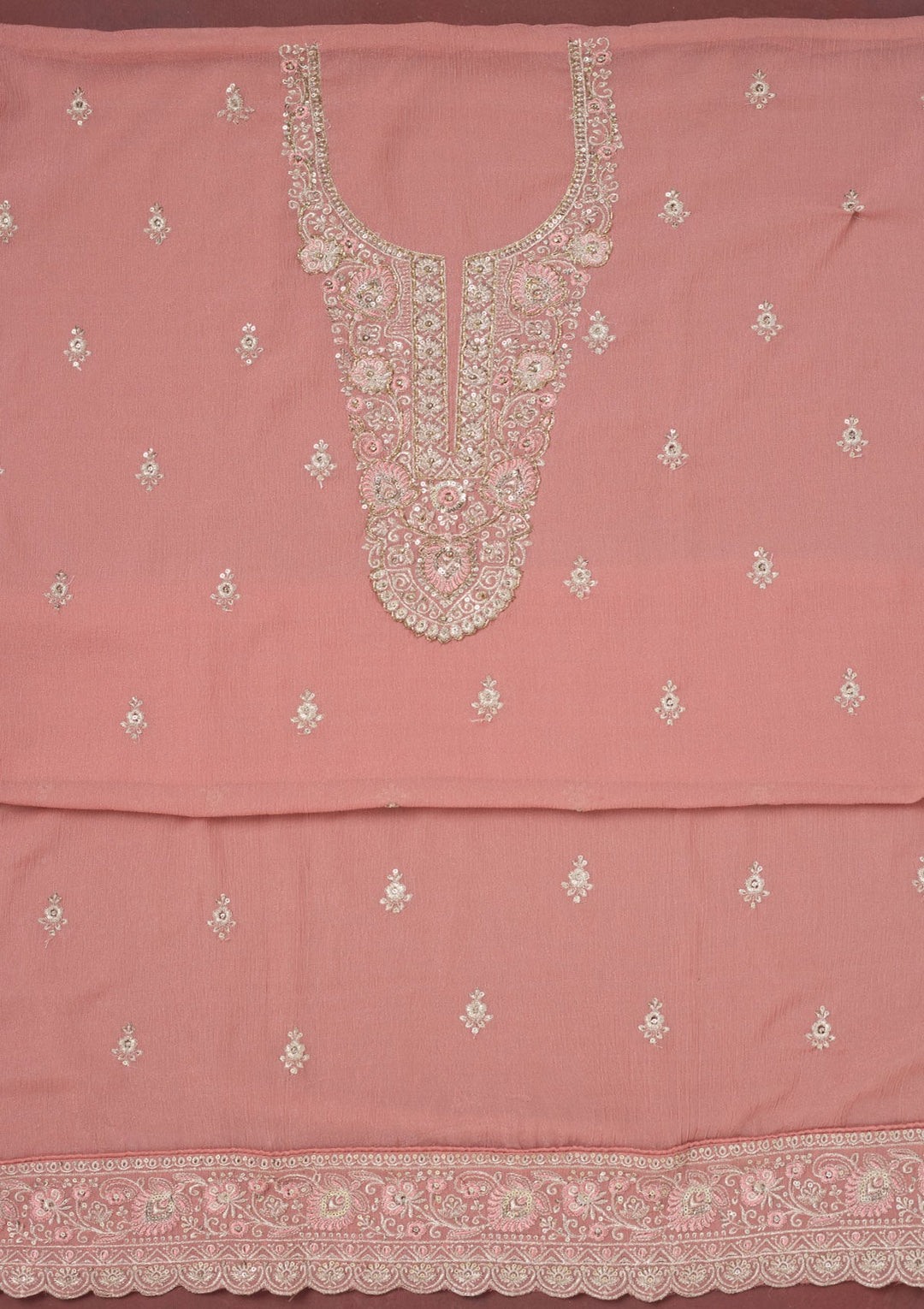 Onion Pink Zariwork (Gold) Chinon Unstitched Salwar Suit-Koskii