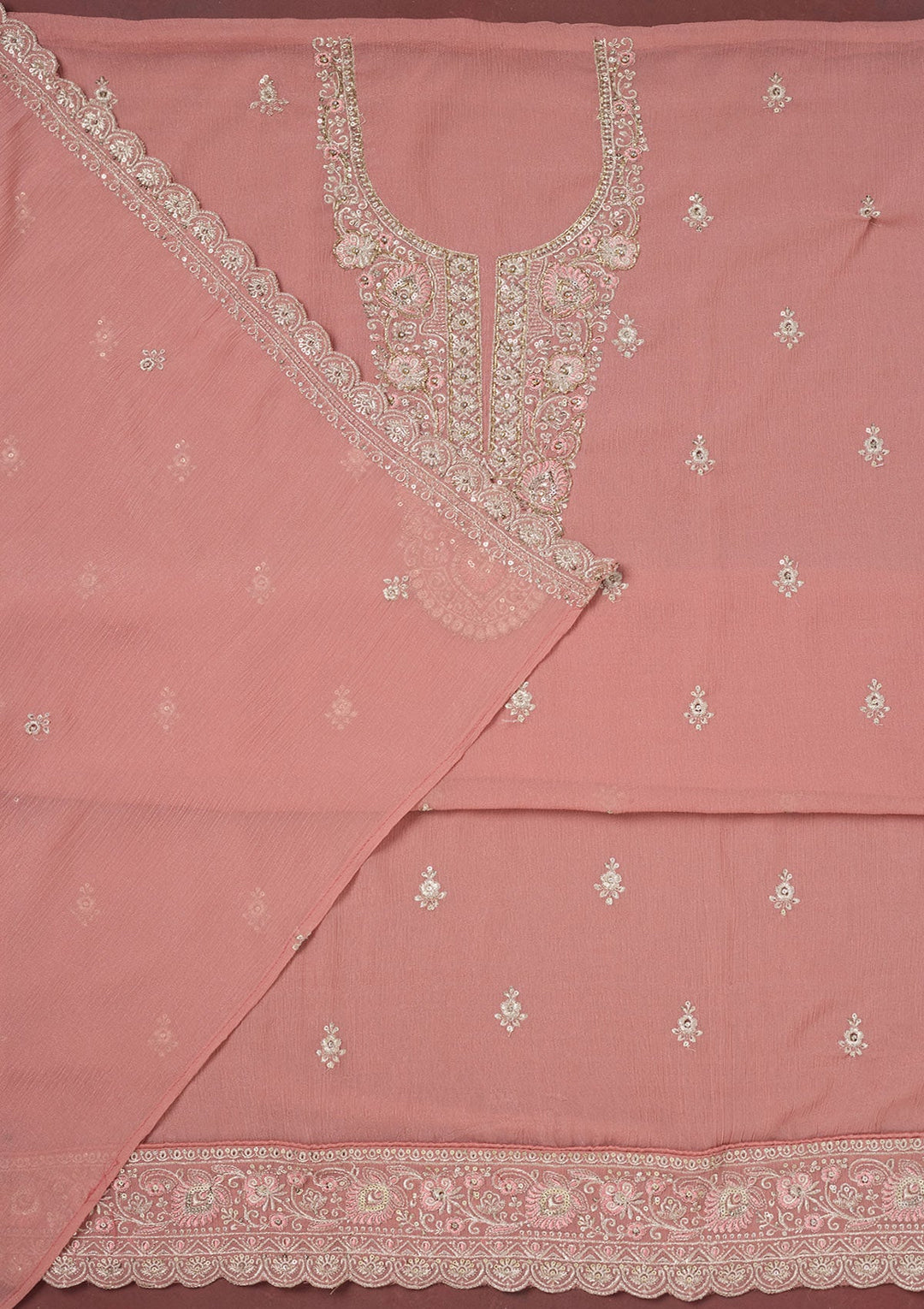 Onion Pink Zariwork (Gold) Chinon Unstitched Salwar Suit-Koskii