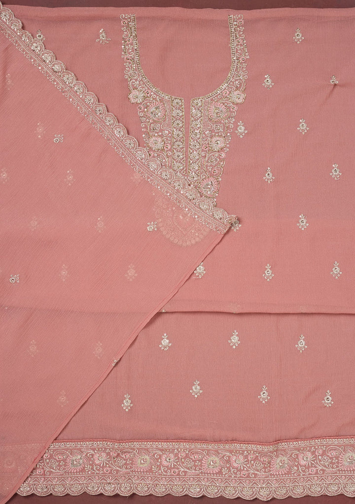 Onion Pink Zariwork (Gold) Chinon Unstitched Salwar Suit-Koskii