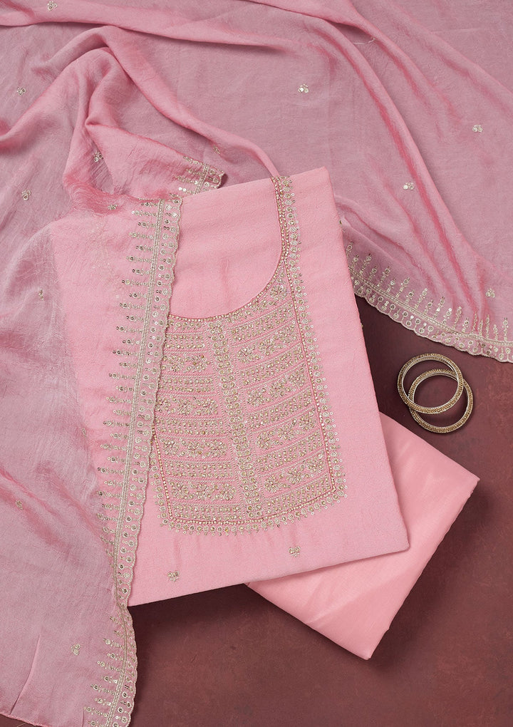 Baby Pink Zariwork (Gold) Chinon Unstitched Salwar Suit-Koskii