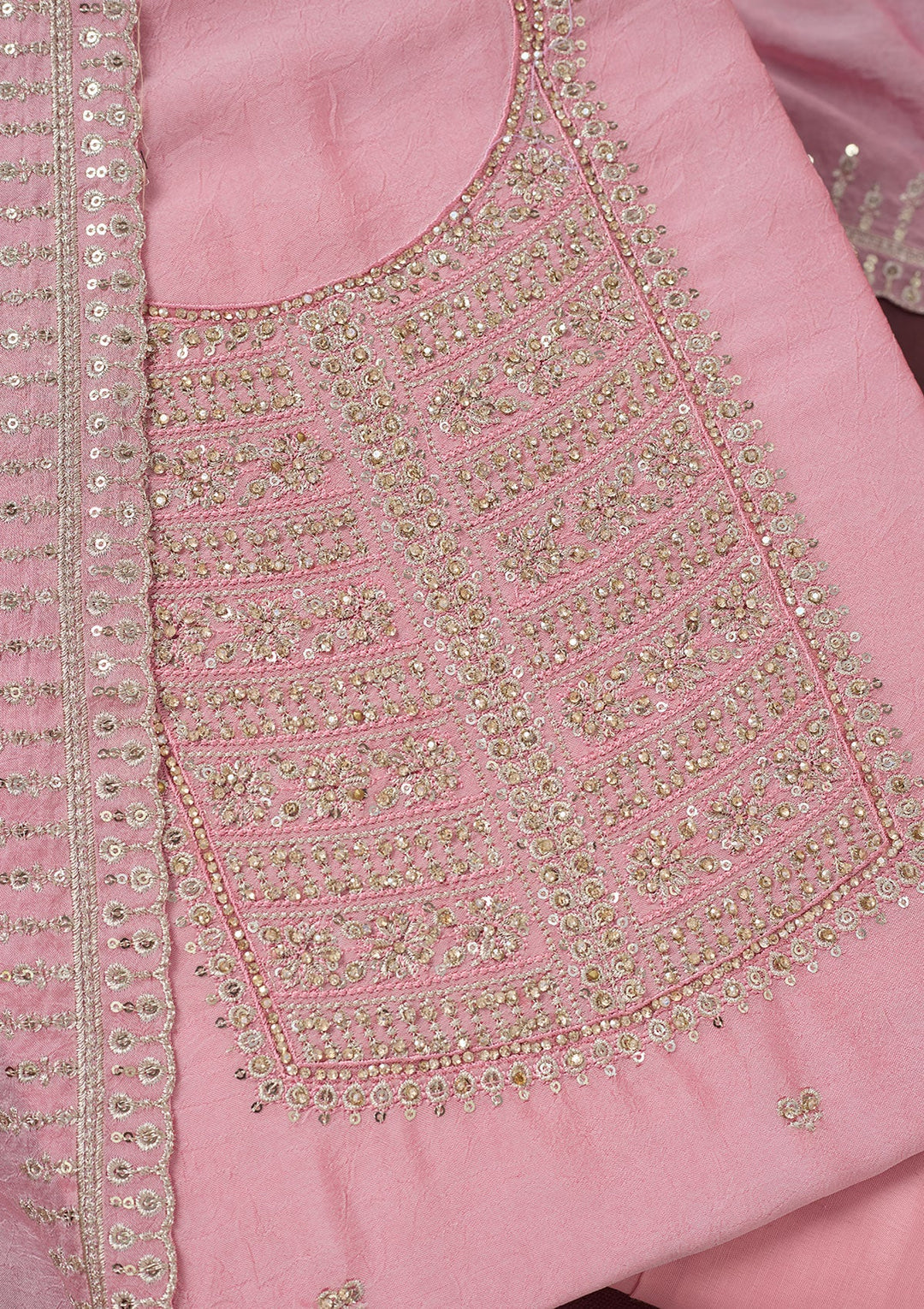 Baby Pink Zariwork (Gold) Chinon Unstitched Salwar Suit-Koskii