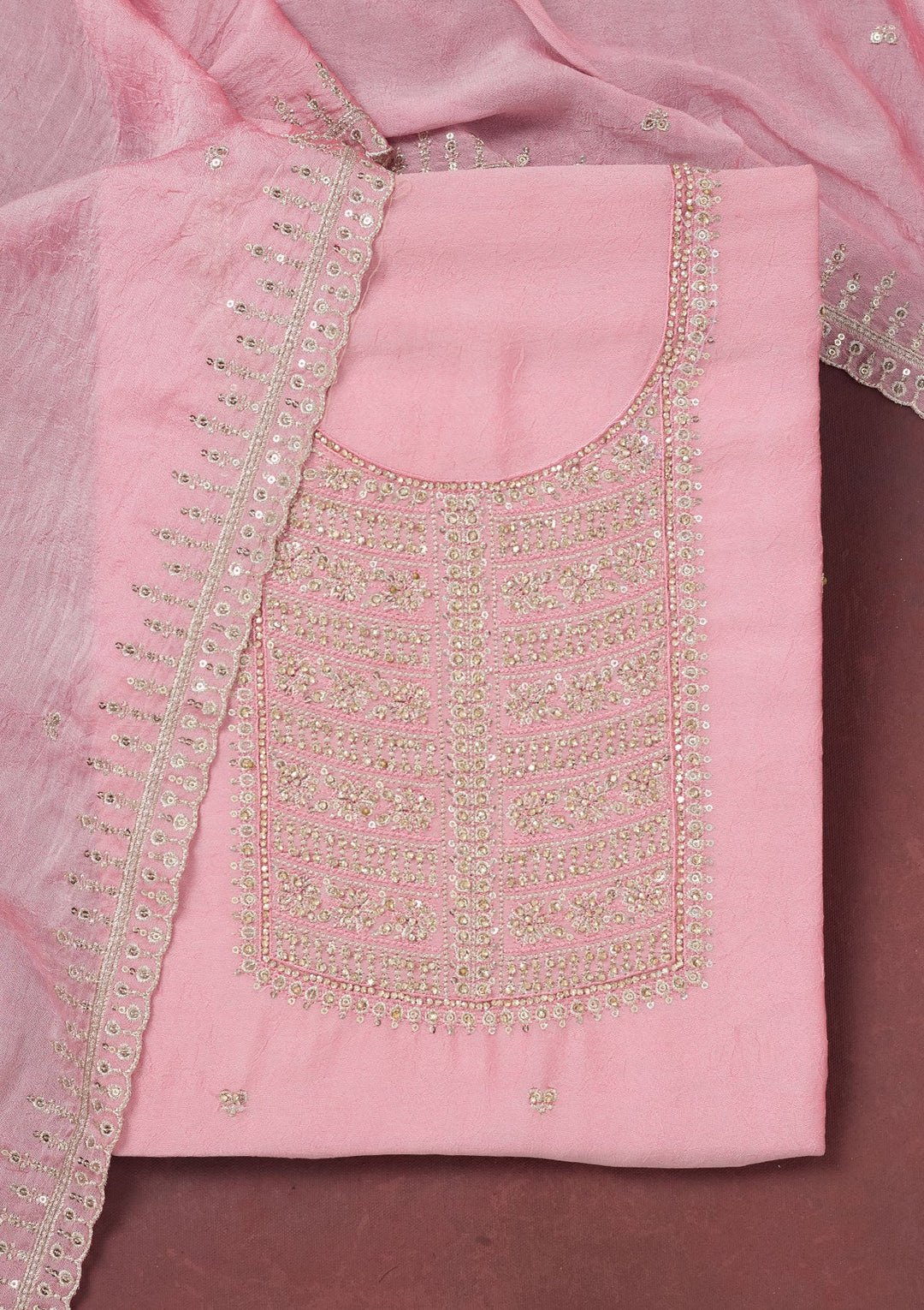 Baby Pink Zariwork (Gold) Chinon Unstitched Salwar Suit-Koskii