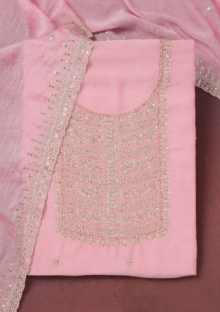 Baby Pink Zariwork (Gold) Chinon Unstitched Salwar Suit-Koskii