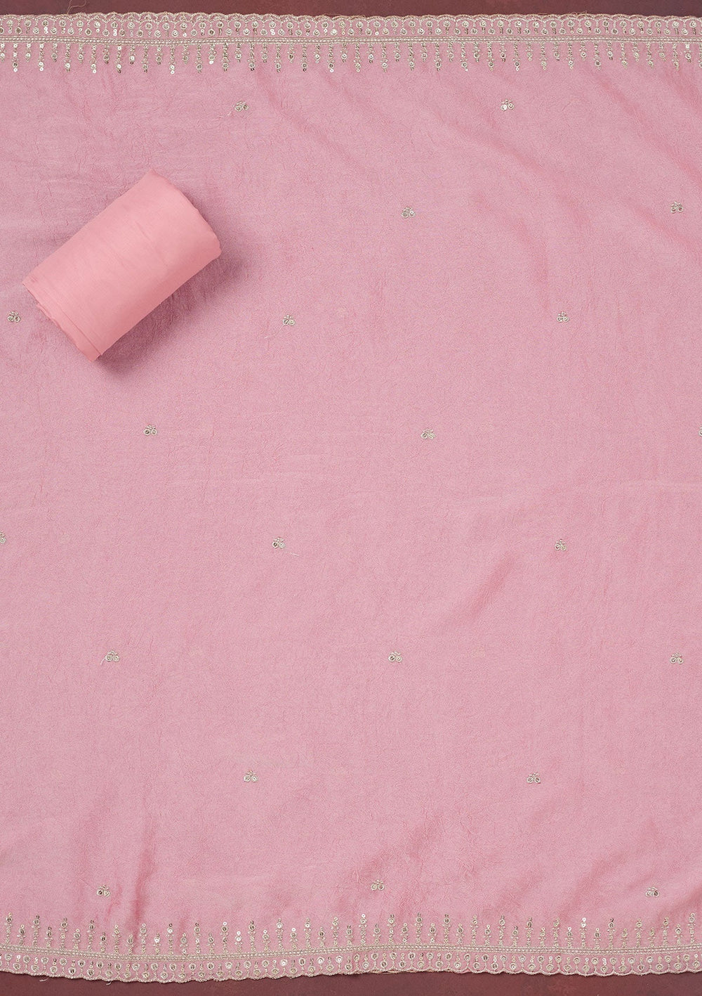 Baby Pink Zariwork (Gold) Chinon Unstitched Salwar Suit-Koskii