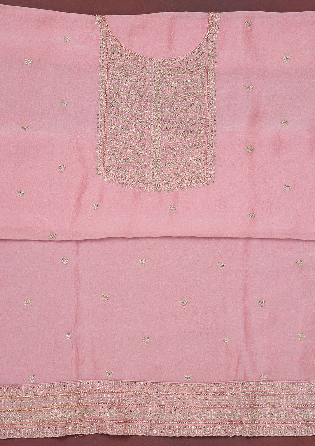 Baby Pink Zariwork (Gold) Chinon Unstitched Salwar Suit-Koskii
