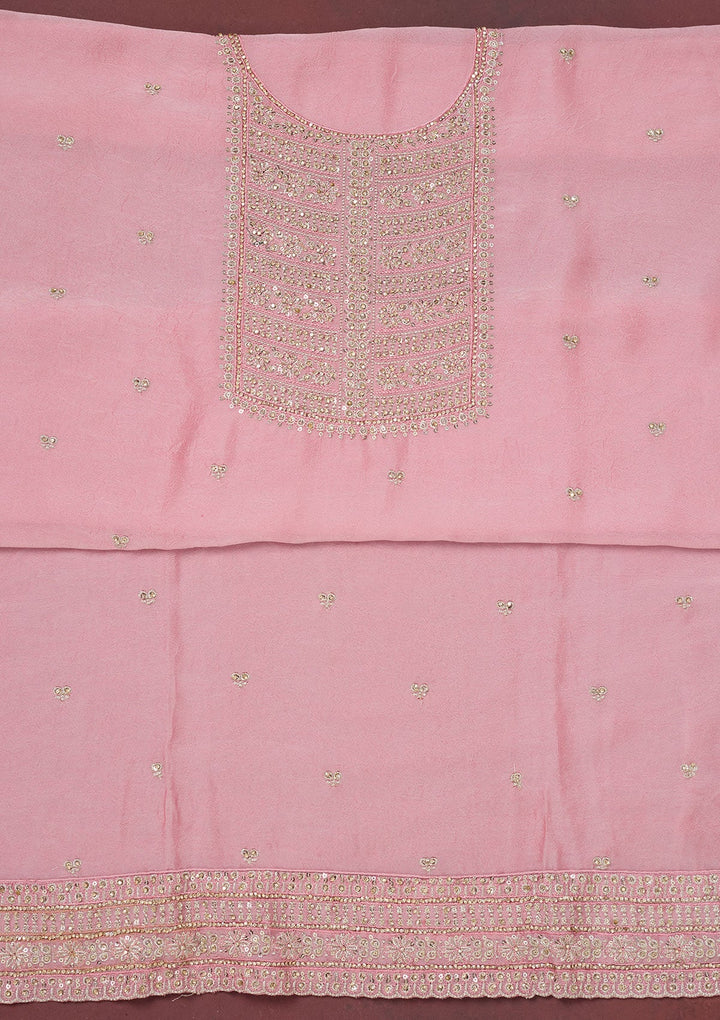 Baby Pink Zariwork (Gold) Chinon Unstitched Salwar Suit-Koskii
