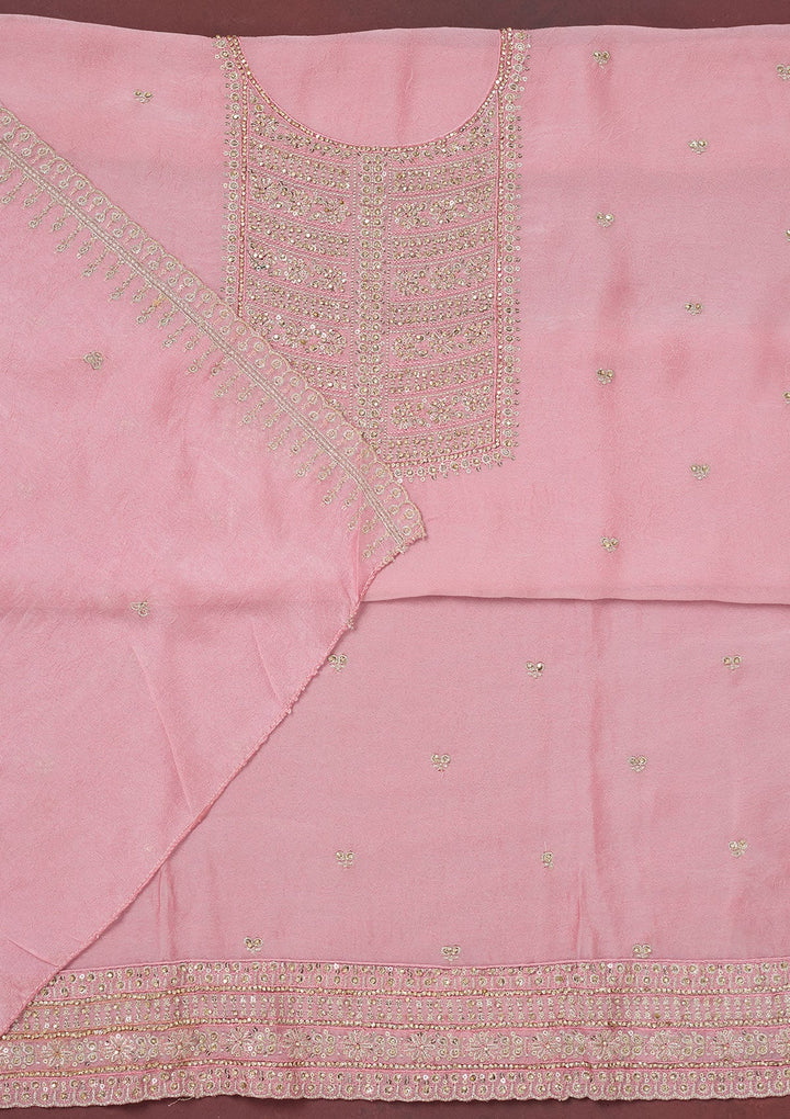 Baby Pink Zariwork (Gold) Chinon Unstitched Salwar Suit-Koskii