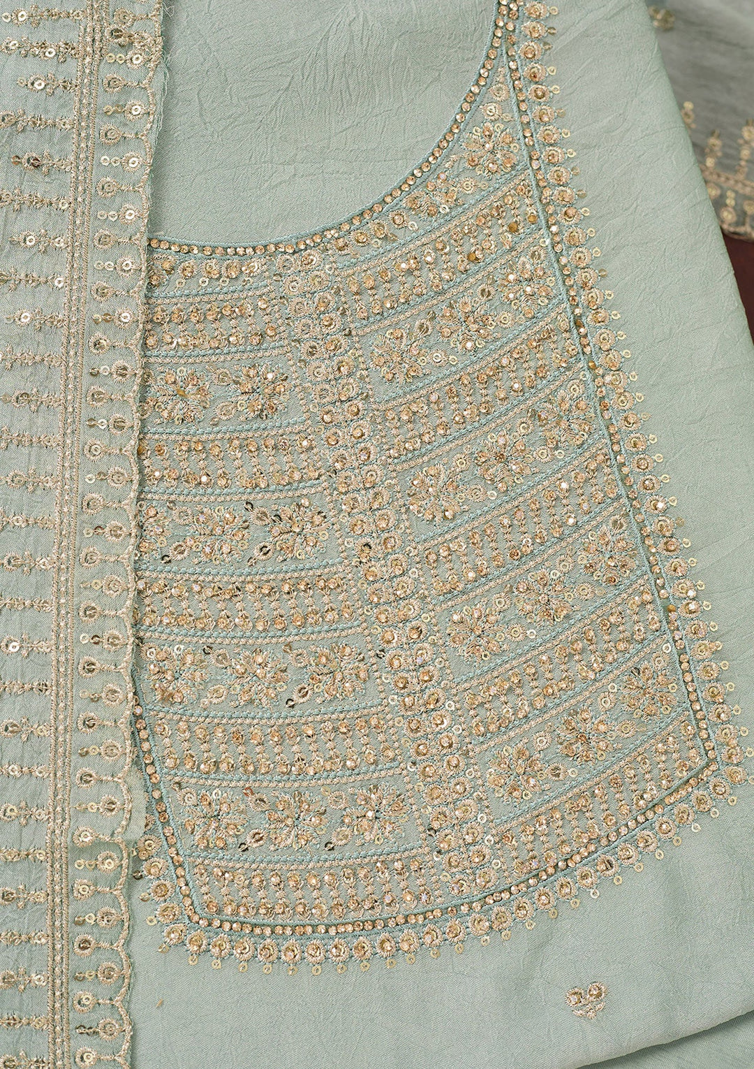 Light Grey Zariwork (Gold) Chinon Unstitched Salwar Suit-Koskii