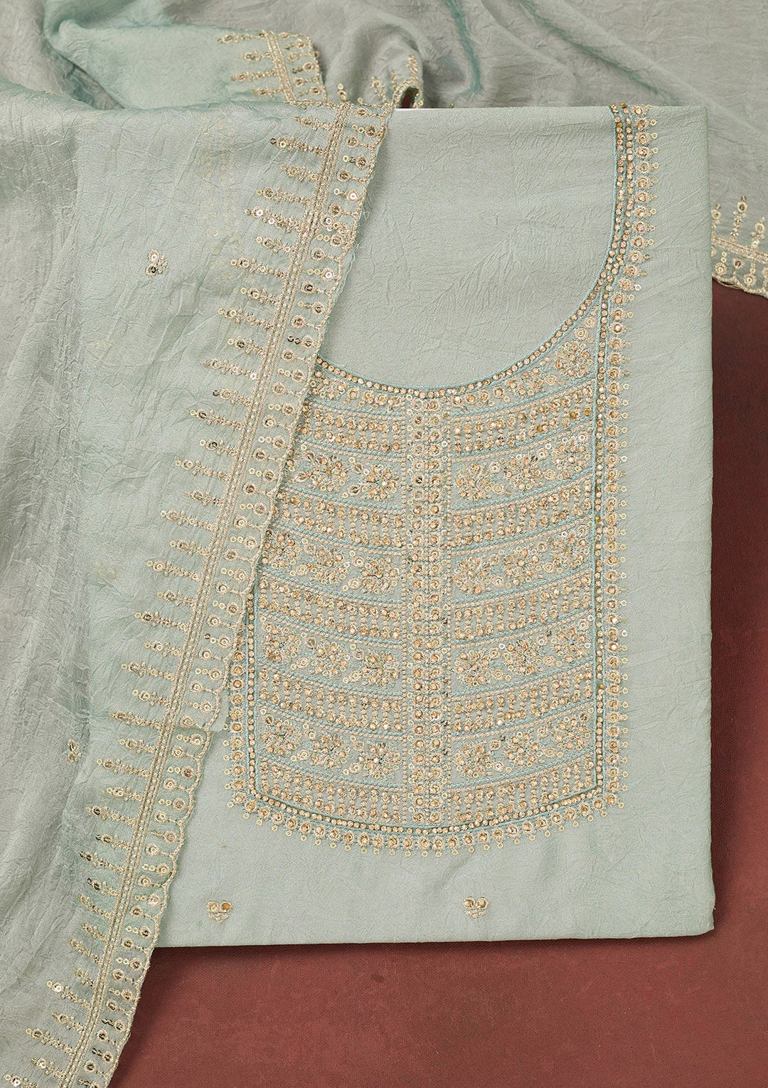 Light Grey Zariwork (Gold) Chinon Unstitched Salwar Suit-Koskii