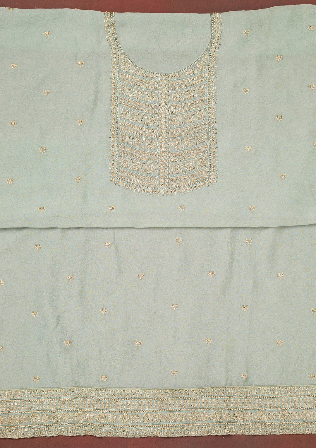 Light Grey Zariwork (Gold) Chinon Unstitched Salwar Suit-Koskii