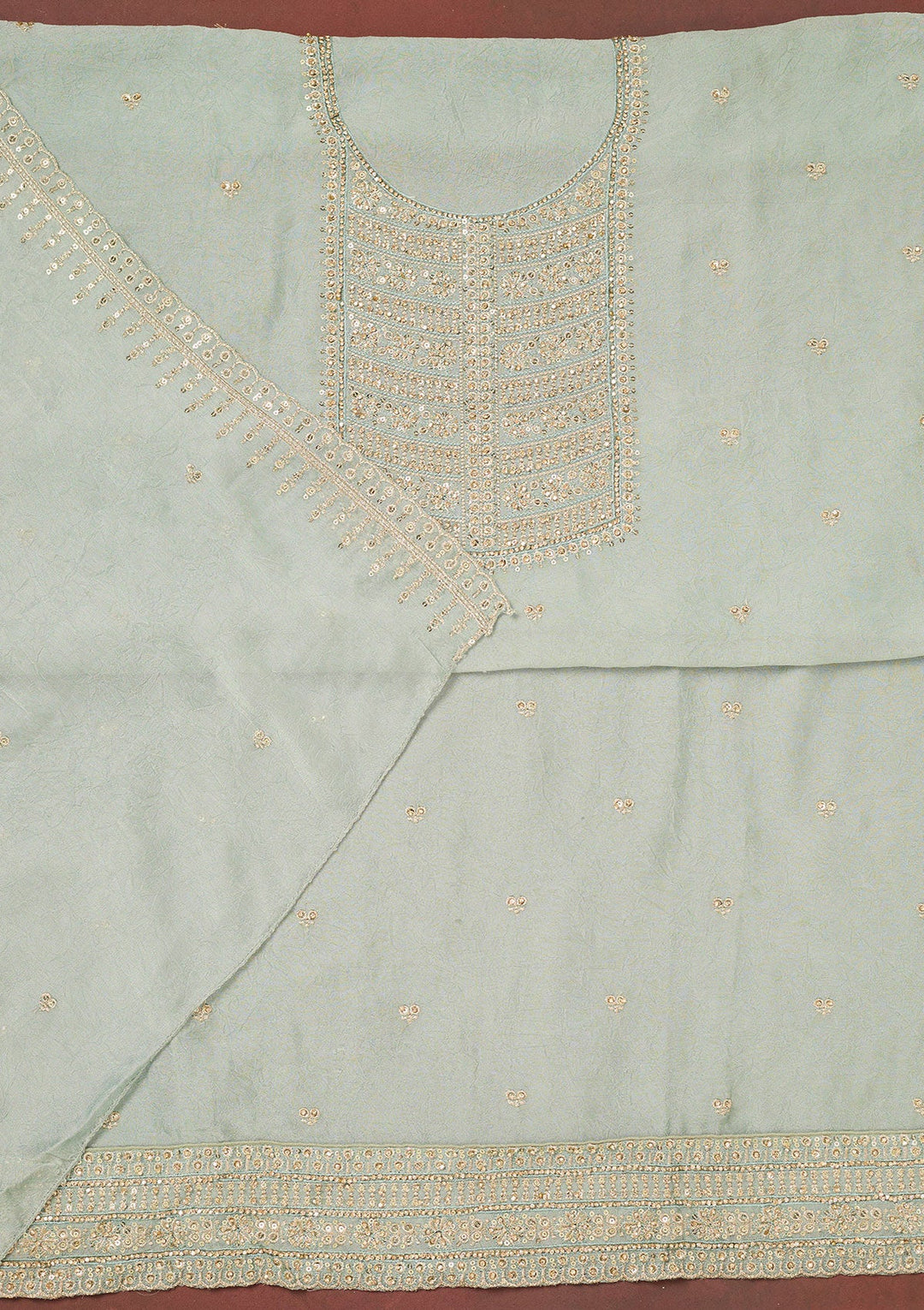 Light Grey Zariwork (Gold) Chinon Unstitched Salwar Suit-Koskii