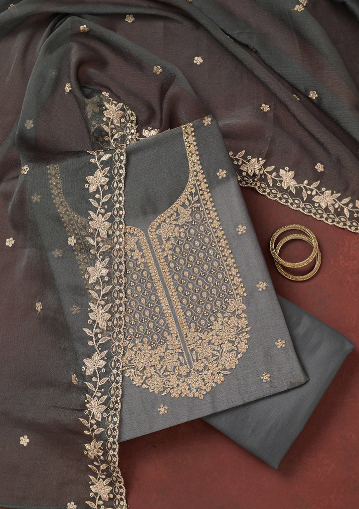 Dark Grey Zariwork (Gold) Chinon Unstitched Salwar Suit-Koskii