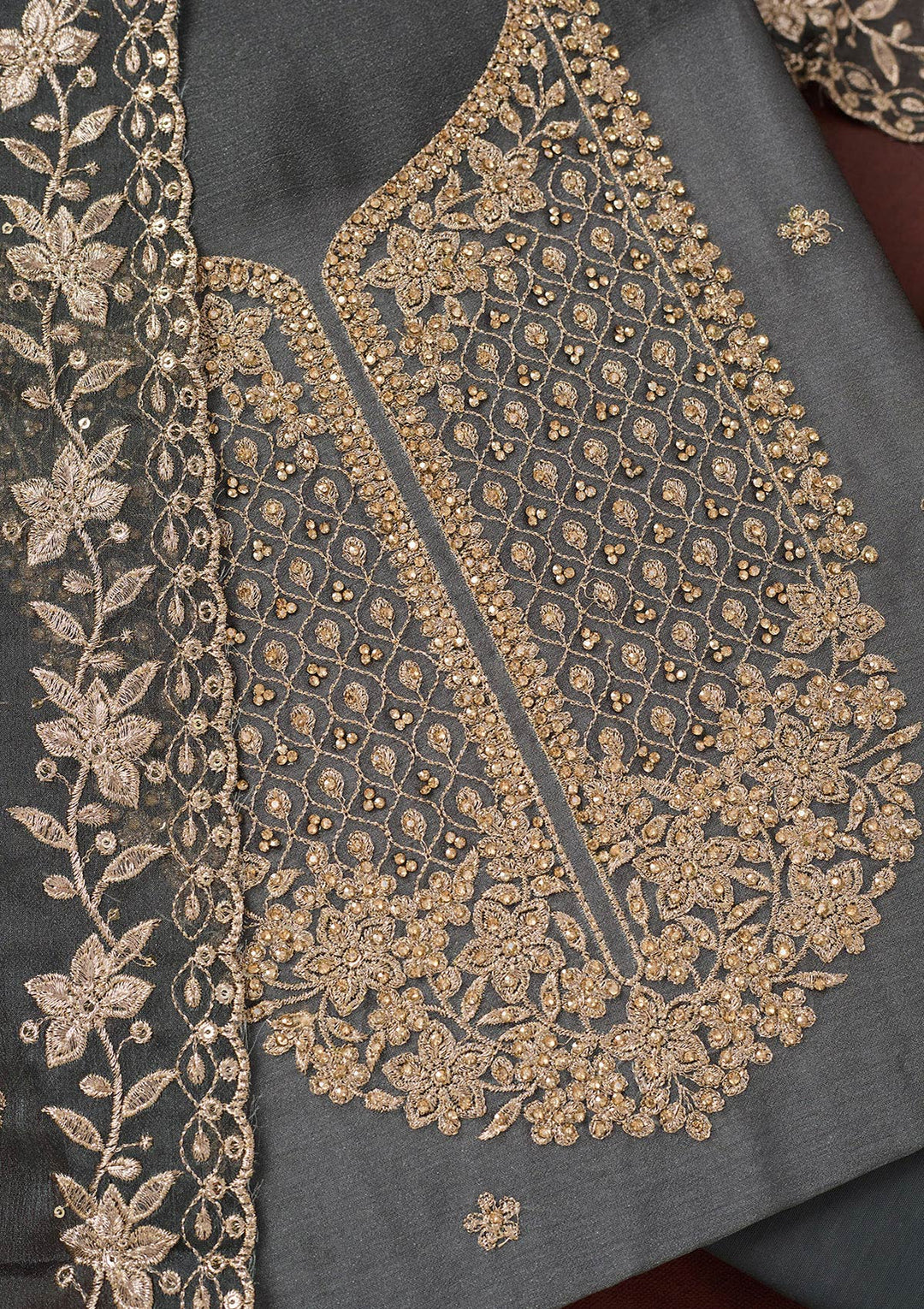Dark Grey Zariwork (Gold) Chinon Unstitched Salwar Suit-Koskii