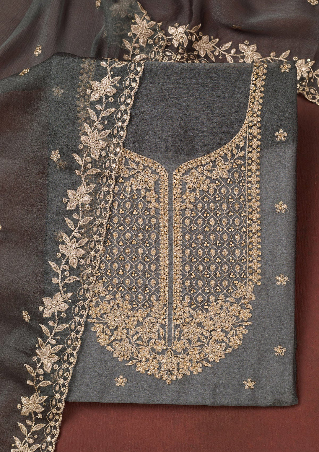Dark Grey Zariwork (Gold) Chinon Unstitched Salwar Suit-Koskii