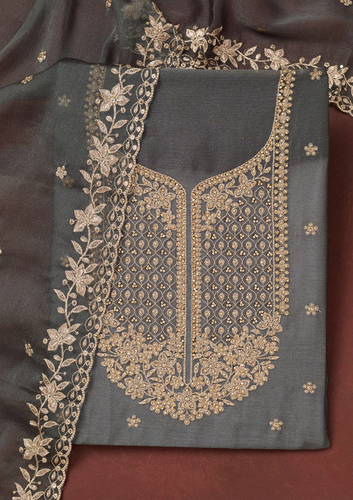 Dark Grey Zariwork (Gold) Chinon Unstitched Salwar Suit-Koskii