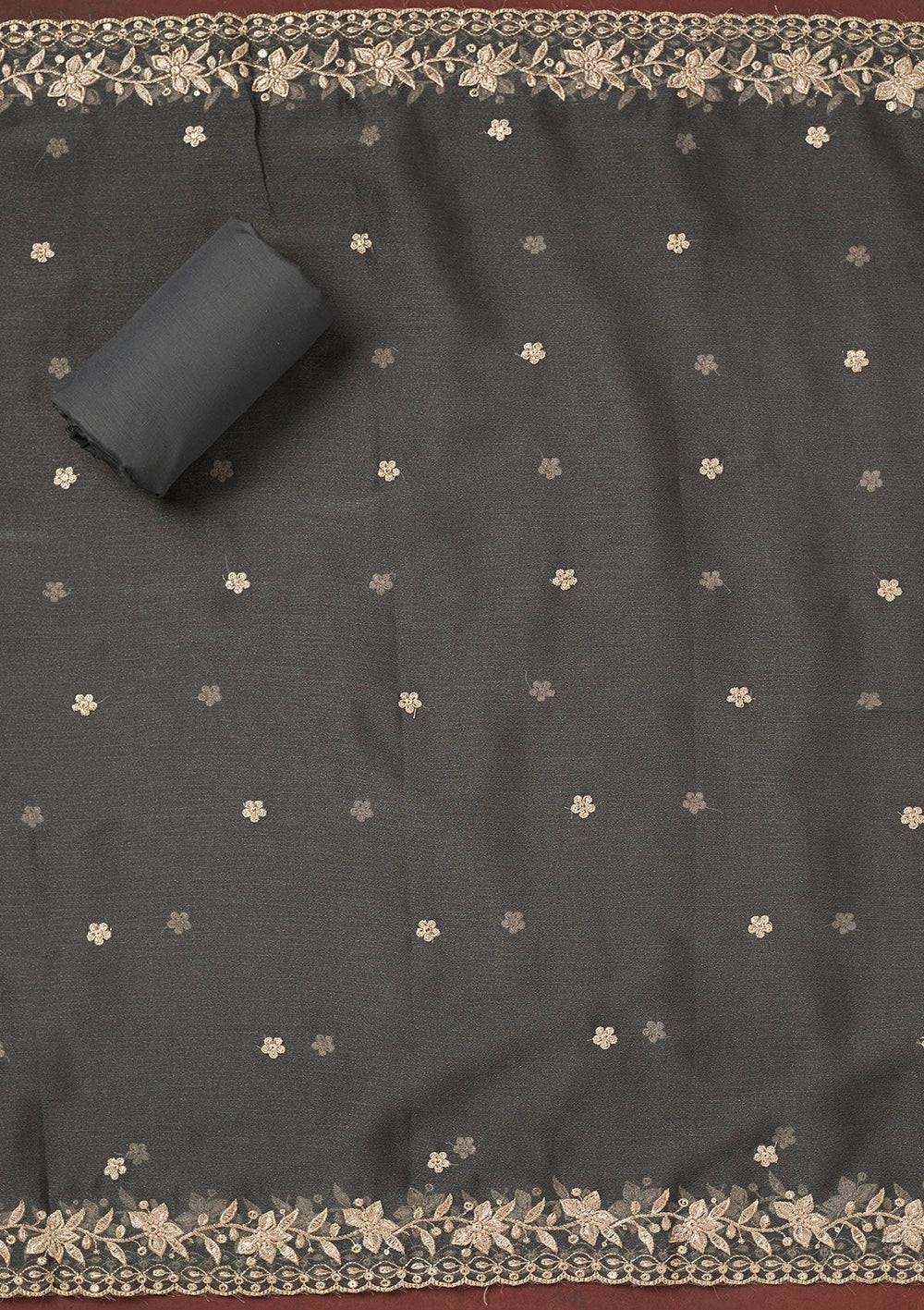 Dark Grey Zariwork (Gold) Chinon Unstitched Salwar Suit-Koskii