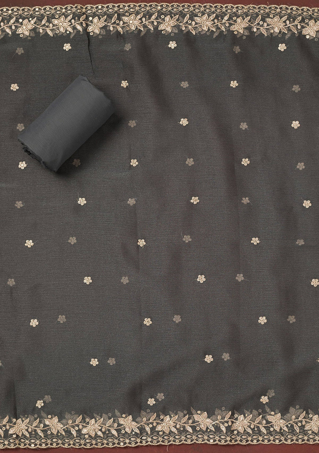 Dark Grey Zariwork (Gold) Chinon Unstitched Salwar Suit-Koskii